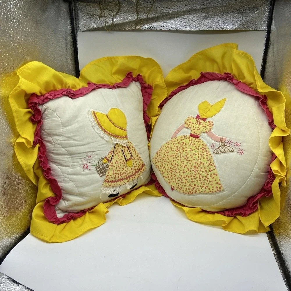 Vintage Sunbonnet Sue Decorative Pillows Set of 2 Yellow Pink Ruffle Cottagecore